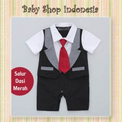 LJ179 Jumpsuit Tuksedo Bayi Murah Baju Pesta Bayi Laki laki Romper Pesta Bayi Cowok Import Salur Long Tie Red  large